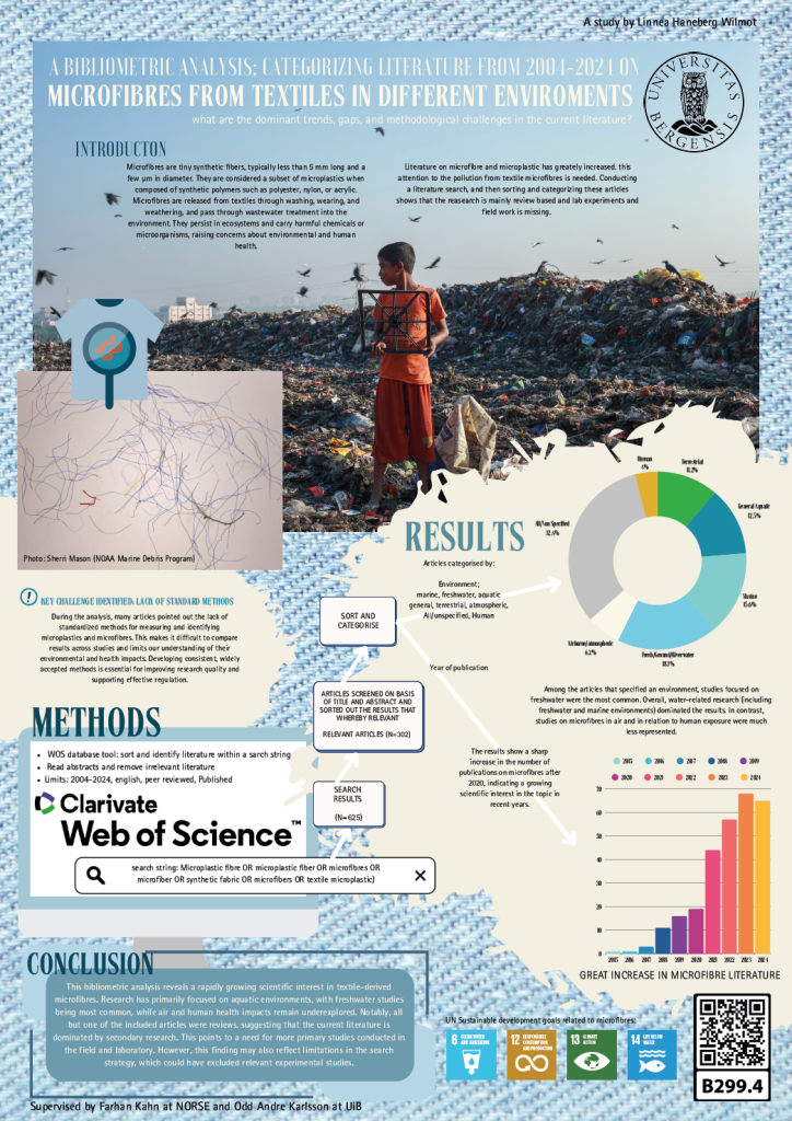 Screenshot of the poster entitled A BIBLIOMETRIC ANALYSIS; CATEGORIZING LITERATURE FROM 2004-2024 ON MICROFIBRES FROM TEXTILES IN DIFFERENT ENVIROMENTS
